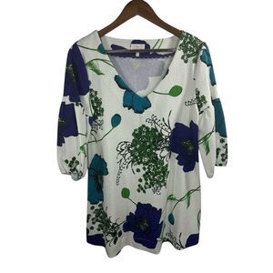Anthropologie Deletta Long White V-Neck Shirt W/ Floral‎ Pattern, Size M